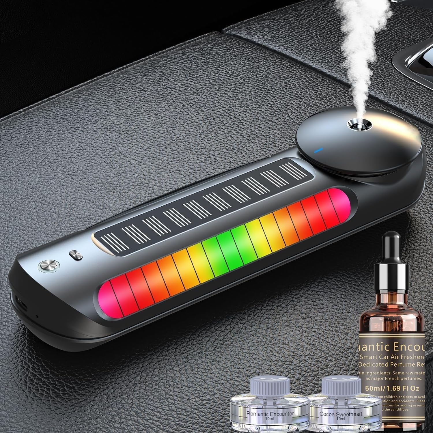 Solar Smart Car Air Freshener, Smart Car Diffuser, 70ML Essential Oil Diffuser Last 5 Months, Auto On/Off, Aluminum Alloy, 3 Mode Adjustable, Ambient Light, Car Fresheners, Car Fragrance (Grey)